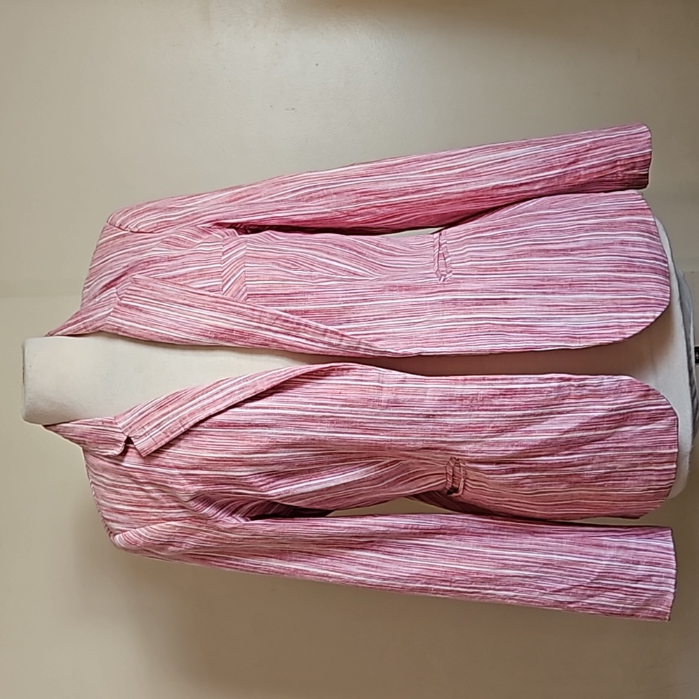 Dalia Pink Striped Linen Blend Blazer Padded Shoulders Open Front Size Small
